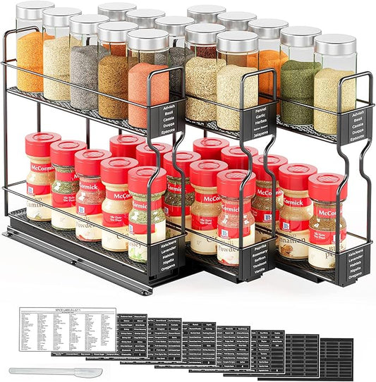 SpaceAid Pull Out Spice Rack Organizer for Cabinet, Heavy Duty Slide Out Seasoning Kitchen Organizer, Cabinet Organizer, with Labels, 7.7" W x10.75 D x10 H, 3 Drawers 2-Tier