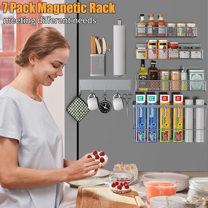 Magnetic Spice Rack for Refrigerator, 7 Pack Metal Magnetic Shelf, Moveable Magnetic Storage Fridge Organizer Grey, Spice Organizer, Hook Rack, Paper Towel Holder, Cutting Board Holder, HM5471
