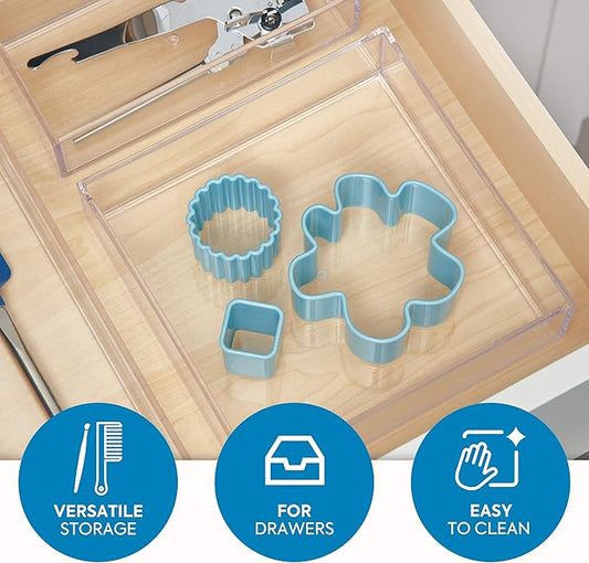 iDesign Clarity Kitchen Drawer Organizer for Silverware, Spatulas, Gadgets - Medium, 8" x 8" x 2", Clear (Pack of 2)