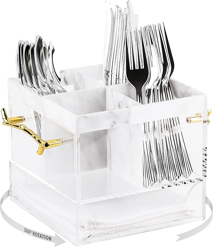 ELTOW Utensil Holder for Party, Silverware Caddy with Handle, Swivel, Lucite Acrylic Organizer for Spoons, Forks, Knives, Napkins, Elegant Cutlery Utensil Caddy