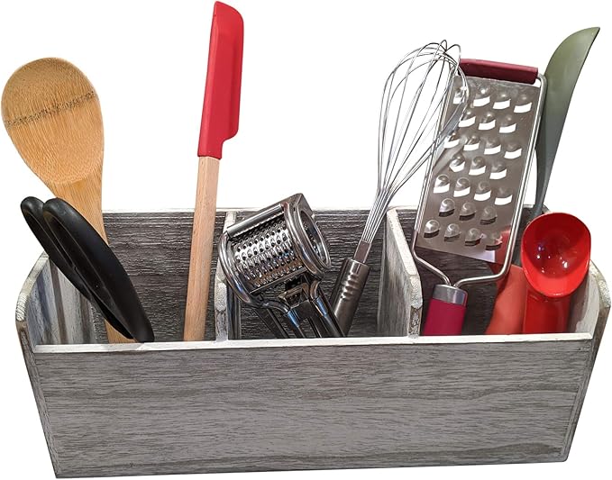 Gianna's Home Rustic Farmhouse 3 Compartment Wooden Countertop Kitchen Desk Caddy Utensil Organizer