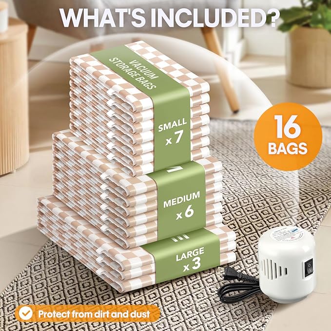 16 Pack Travel Vacuum Storage Bags with Electric Pump, 3 Large+6 Medium+7 Small Vacuum Sealer Bags, 80% Space Saver Bags for Luggage, Comforters and Blankets, Travel Essentials(Light Pink Checkered)