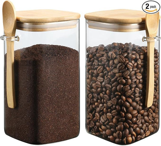 Glass Square Storage Jar with Bamboo Lids Spoons Glass Coffee Canister 40 Oz (1200 mL) Borosilicate Glass Food Container for Coffee Beans Nut Pasta Sugar Candy Spice Rice Loose Tea (1200ml/40 OZ-2