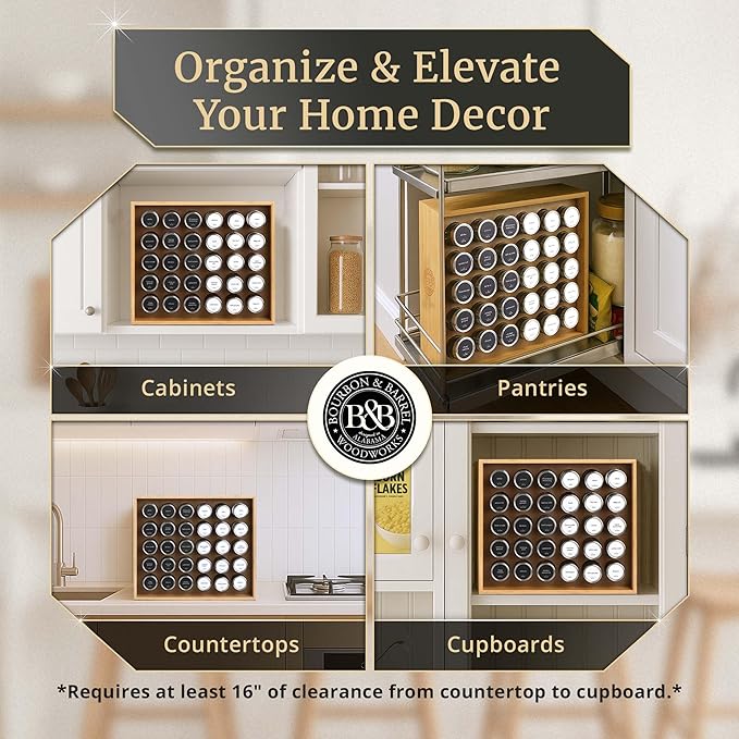 BOURBON & BARREL Wooden Spice Rack Organizer with Glass Jars | Stainless Steel Lids | Bamboo Countertop Spice Organization | 350 Waterproof Spice Labels | 2 Chalk Markers | 30 4oz Jars [Bamboo]