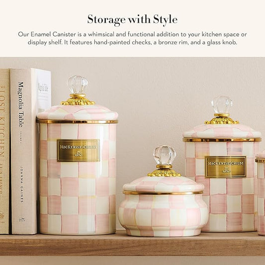 MACKENZIE-CHILDS Large Enamel Canister, Kitchen Storage Container for Flour and Sugar, 1.89 Liters, Pink-and-White Rosy Check