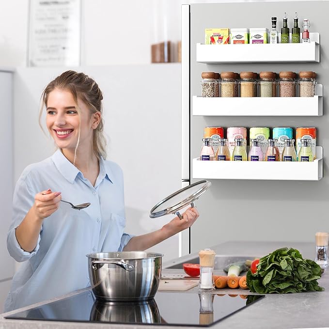 3 Pack Moveable Fridge Magnetic Spice Racks,Metal White