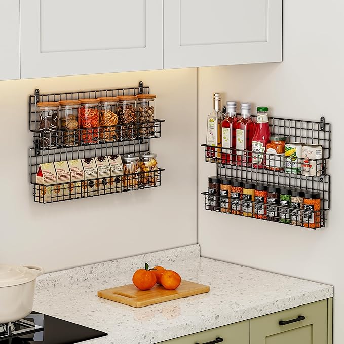 X-cosrack 4 Pack Spice Rack Wall Mount, Upgraded Connectable Seasoning Organizer for Space-Saving, Hanging Spice Storage for Cabinet/Pantry Door (Patent:USD909138S)