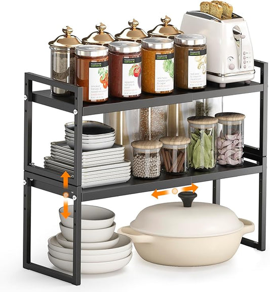 DOLALIKE Expandable kitchen Countertop Organizer, Stackable Cabinet Shelf Organizers, Space Saving Spice Rack Pantry Storage for Bathroom Office Organization (Black, 2 Pack)