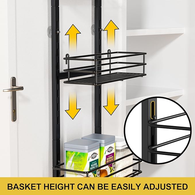 Pantry Door Organizer 12 Inch Wide, 5 Tier Hanging Adjustable Over the Door Spice Rack For Narrow Space