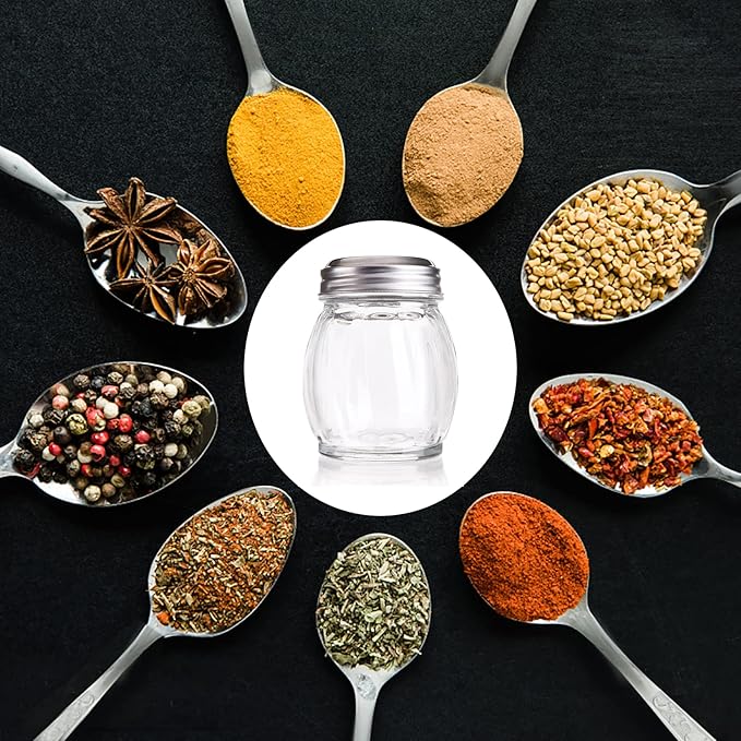 Nicunom 20 Pack 6 Oz Spices Shaker with Perforated Stainless Steel Lid, Swirl Glass Parmesan Cheese Shaker with Slotted Caps, Salt and Pepper Shakers Set, Seasonings Spice Retro Style Dispensers