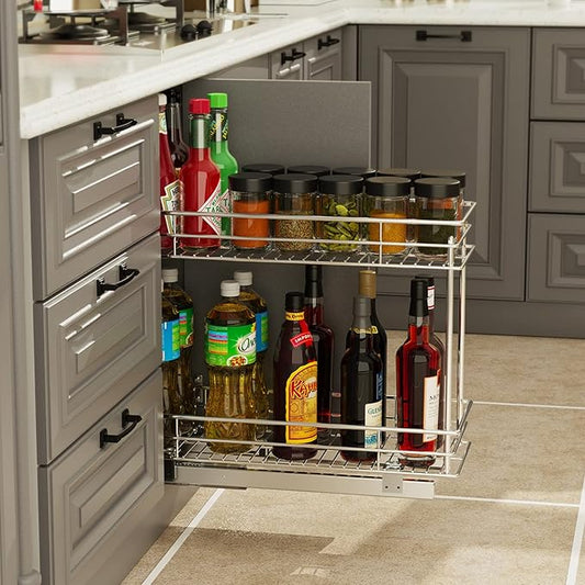 LOVMOR Pull Out Cabinet Organizer and Storage (5" W x 21" D) 2-Tier Pull Out Shelf Storage for Kitchen Base Cabinet Silver(5" W x 21" D, Silver, Roll on Top)