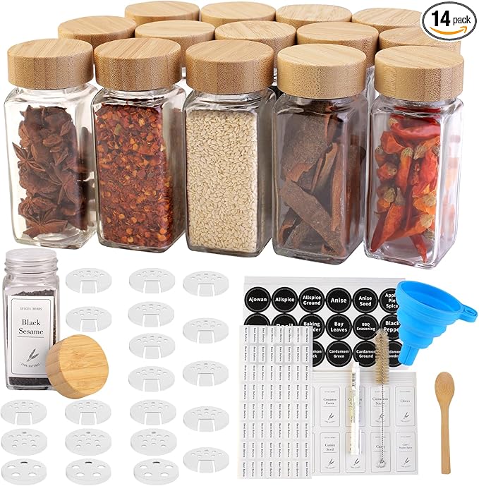 14 Glass Spice Jars with Bamboo Airtight Lids and 5 Types of Spice Labels-4oz Empty Square Spice Bottles with Shaker Lids and Silicone Collapsible Funnel,Test Tube Brush,Bamboo Spoons
