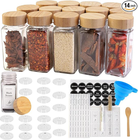 14 Glass Spice Jars with Bamboo Airtight Lids and 5 Types of Spice Labels-4oz Empty Square Spice Bottles with Shaker Lids and Silicone Collapsible Funnel,Test Tube Brush,Bamboo Spoons