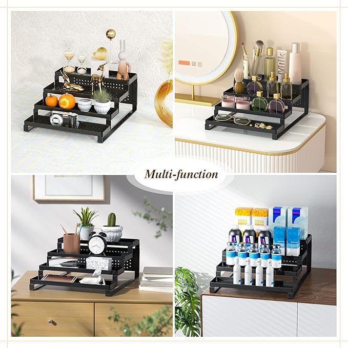 4-Tier Spice Rack Organizer Spice Shelf, Sturdy Seasoning Organizer Spice Storage Metal Riser Shelf, Pantry Kitchen Spice Holder Stand Step Rack Easy See all Canned Spice Jars, Black