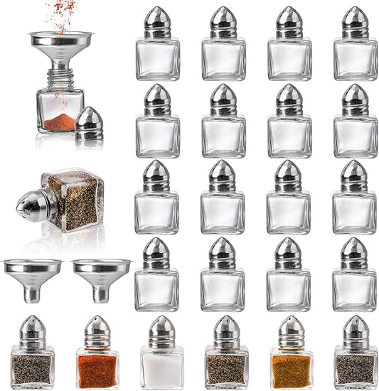 ZEAYEA Set of 24 Small Salt and Pepper Shakers, 0.5 oz Mini Glass Seasoning Jars with Funnel, Glass Cube Body Spice Shakers for Wedding, Party, Restaurant, Home Kitchen Supplies