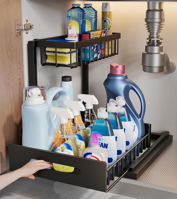 Under Sink Organizer, 2-Tier Under Kitchen Bathroom Sink Organizers and Storage No Drilling Rustproof Stainless Steel Pull Out Shelf for Kitchen Bathroom