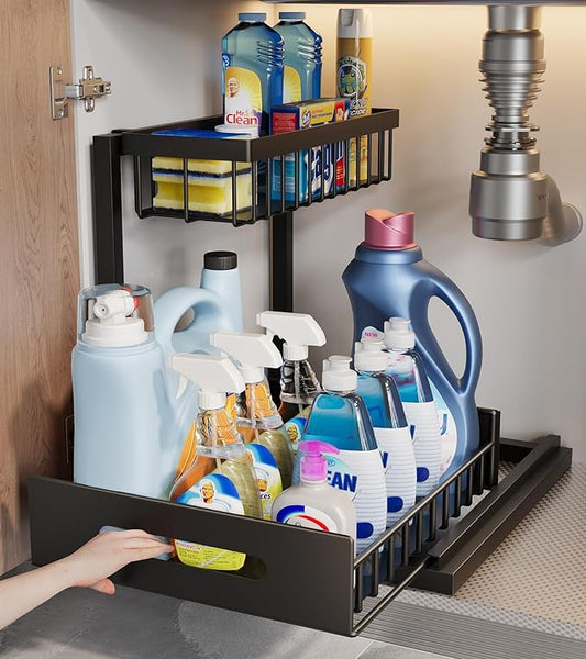 Under Sink Organizer, 2-Tier Under Kitchen Bathroom Sink Organizers and Storage No Drilling Rustproof Stainless Steel Pull Out Shelf for Kitchen Bathroom