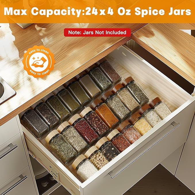 Spice Drawer Organizer 3 Tier- 2 Pack Clear Acrylic Drawer Seasoning Organizer Expandable From 7.5' to 15'' Kitchen Spice Rack Organizers and Storage for Drawer (Jars not included)