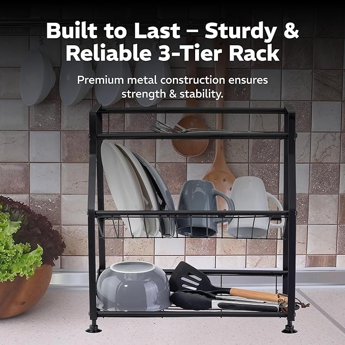 Epsilon 3-Tier Spice Rack and Dish Rack – Vertical Seasoning Organizer with Kitchen Shelf Storage for Efficient Spice Organization & Countertop Dish Drying