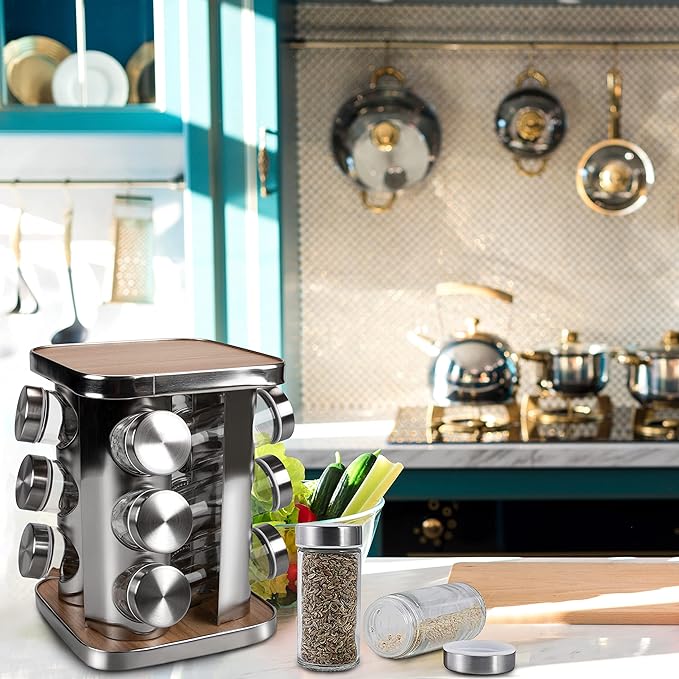 Revolving Countertop Spice Rack, 12 Jars Stainless Steel Rotating Seasoning Storage Organizer for Cabinet, Spice Carousel Tower for Kitchen