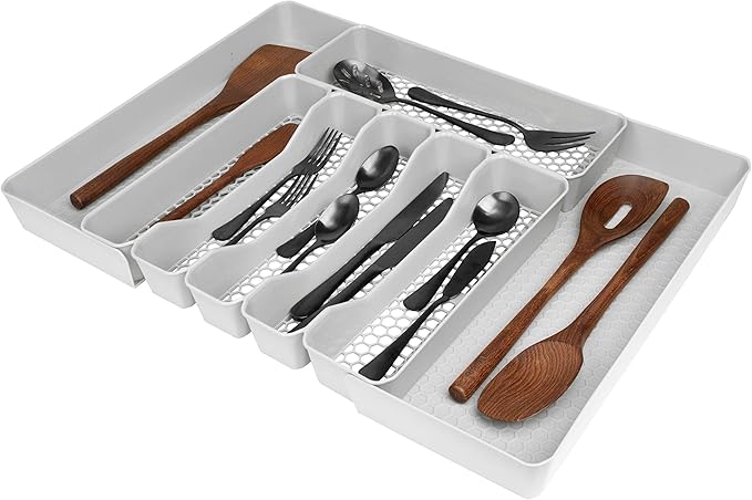 Spectrum Hexa 6-Divider Expandable Silverware Tray (Stone Gray) - in-Drawer Organizer for Kitchen Accessories, Cutlery, Knives, & More/Easy-to-Clean Home & Apartment Essential