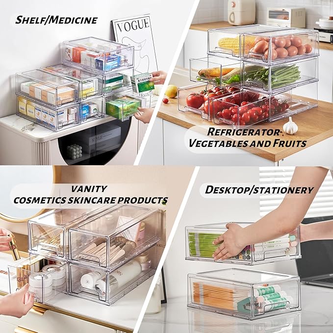 PeJeyiee 4 Pack Clear Stackable Refrigerator Organizers and Storage Drawers - Pull-Out Fridge Bins with Anti-Slip Base & Easy Clean, Plastic Organizers for Kitchen Pantry Cabinet Closet (Large)