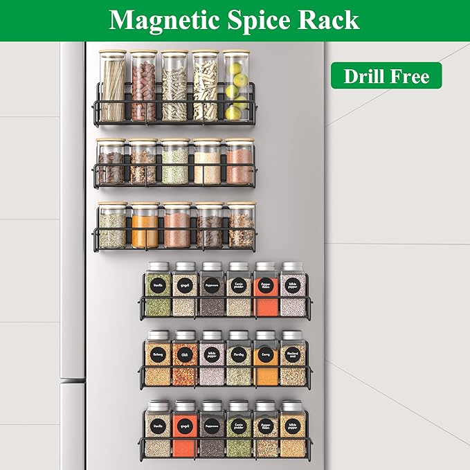 6 Pack Magnetic Spice Rack Organizer for Refrigerator and Microwave Oven, Metal Fridge Shelf for Kitchen, Matt Black