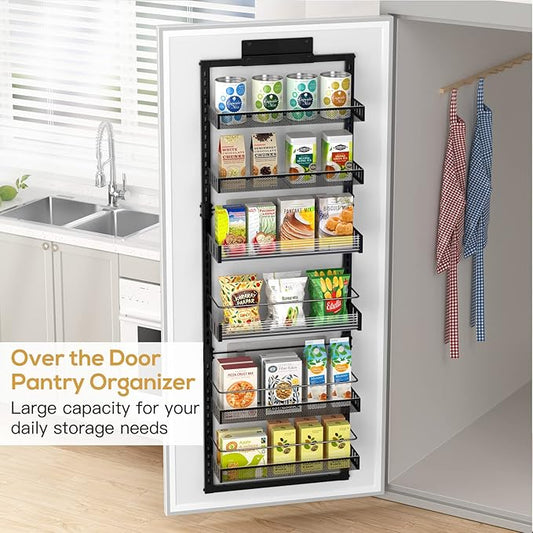 Over the Door Pantry Organizer, 6-Tier Large Wall Mounted Storage Spice Rack, 2 in 1 Heavy-Duty Metal Adjustable Hanging Baskets for Pantry, Bedroom, Bathroom, Living Room, Kitchen