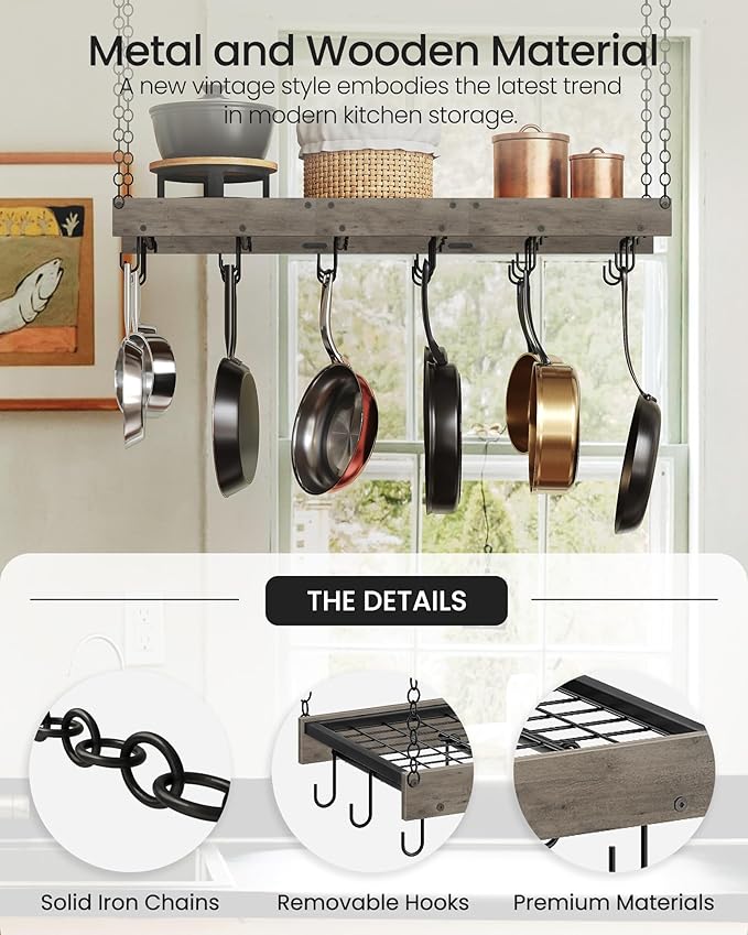 Hanging Pot Rack, Ceiling Wall Mounted Pot Rack for Kitchen, Industrial Style Pot Hanger with 18 Hooks, Cookware Storage Organizer, for Pots and Pans, Greige and Black TPR12BGC1