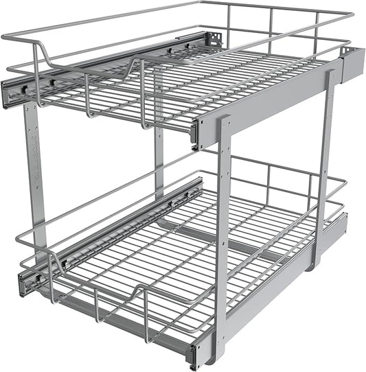 2 Tier Pull Out Cabinet Organizer 14" W X 22" D, Slide Out Drawers For Kitchen Cabinets, Pull Out Drawers For Cabinets Capacity Heavy Duty Caddy, Cabinet Pullout Shelves Chrome-Plated,Bathroom Pantry