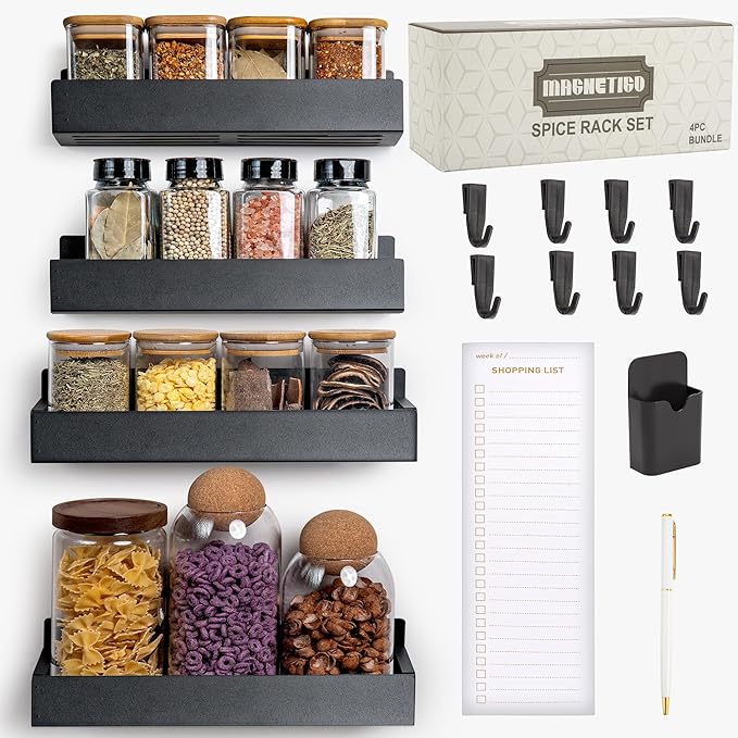 4-Pack Magnetic Spice Rack Set with Hooks, Grocery Notepad & Pen - Space-Saving Kitchen Organizer for Spices & Jars