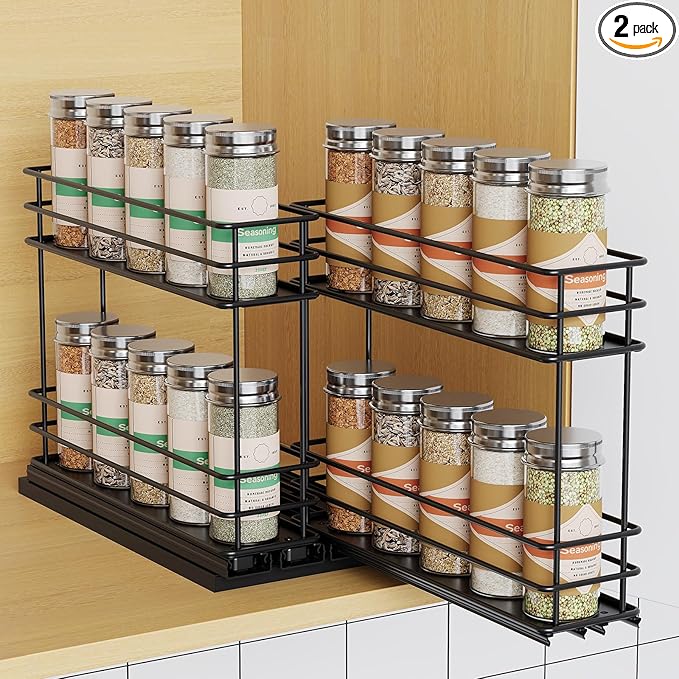 Pull Out Spice Rack Organizer for Cabinet, Slide Out Spice Racks, Easy to Install Spice Cabinet Organizer, 2.75''Wx10.35''Dx8.26''H, 2 Drawers 2 Tiers(Black