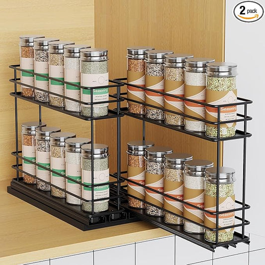 Pull Out Spice Rack Organizer for Cabinet, Slide Out Spice Racks, Easy to Install Spice Cabinet Organizer, 2.75''Wx10.35''Dx8.26''H, 2 Drawers 2 Tiers(Black