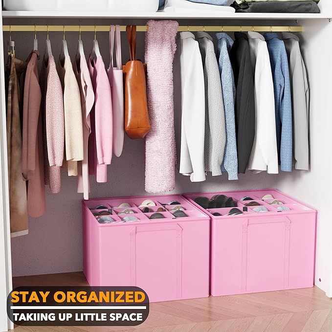 SpaceAid Shoe Organizer for Closet, 2 Pack Foldable Shoe Storage Containers Baskets Boxes Bins w/Adjustable Dividers, Fits 16-32 Pairs, Pink