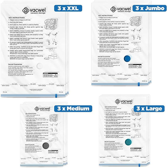 12-Pack Variety - Vacuum Storage Bags for Clothes, Packing & Storage - Strong Vacuum Space Bags for Comforter, Quilt & Mattress Topper Compression - Premium Sealing Solutions in XXL, Jumbo, L, M Sizes