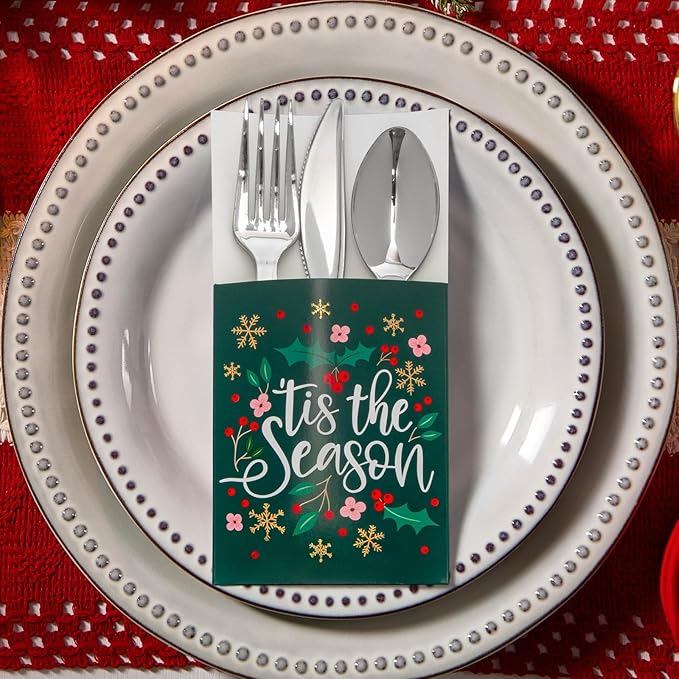 Sparkle and Bash 36 Pack Christmas Utensil Holder - Tis the Season - Silverware Cutlery Holder Paper Pockets for Xmas Table Decorations, Holiday Dinner Party, 3.7 x 7.5 Inch