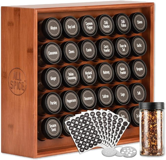 AllSpice Wood Spice Rack Organizer, 525 Unique Labels, Countertop or Wall Mount, Includes 30 4oz Jars- Cherry Stain