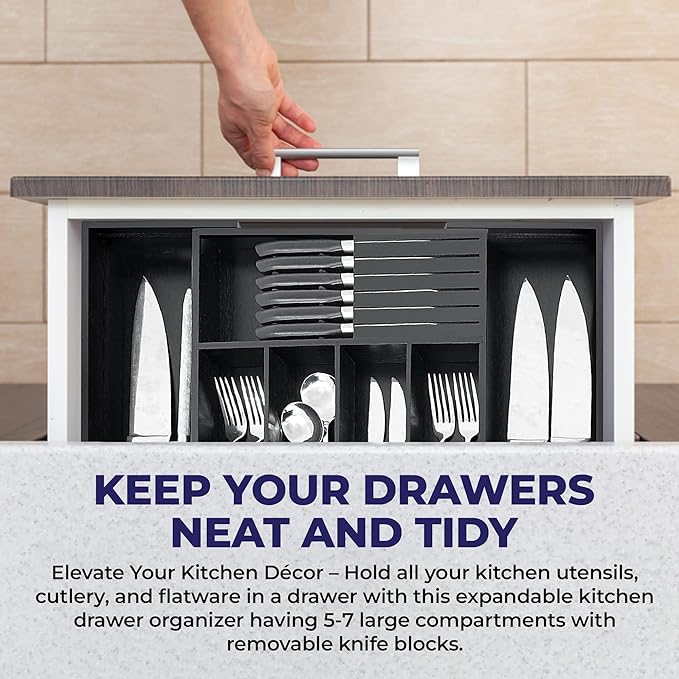 Bamboo Wood Drawer Organizer With Dividers and Removable Knife Block - Silverware and Kitchen Organizer - 12.75-22 x 17 x 2 In (Black)