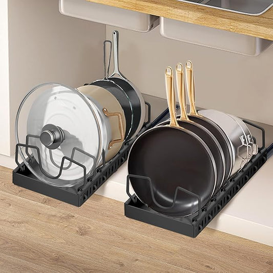 XIAPIA Pull Out Cabinet Organizer, Pots and Pans Organizer under Cabinet with 8 Adjustable Dividers, Pull Out Shelves for Kitchen Cabinets, Pot Lid Organizers inside Cabinet (Black, 2 Pack)