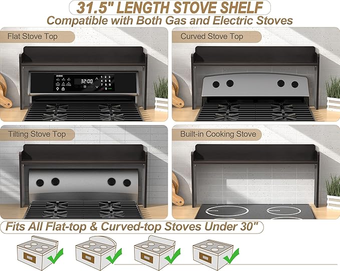 MyLifeUNIT Over The Stove Shelf, 31.5" Wood Stove Top Shelf for Back of Gas Stove, Electric Stove or Curved Stove Spice Rack Shelf for Countertop, Black