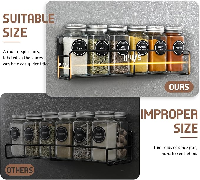 VITEVER Magnetic Spice Rack, 4 Pack, 24 Square Glass Jars with Lids, Quick-Find Pre-Printed Labels, Funnel, Space Saver, Refrigerator and Microwave Oven Organizer