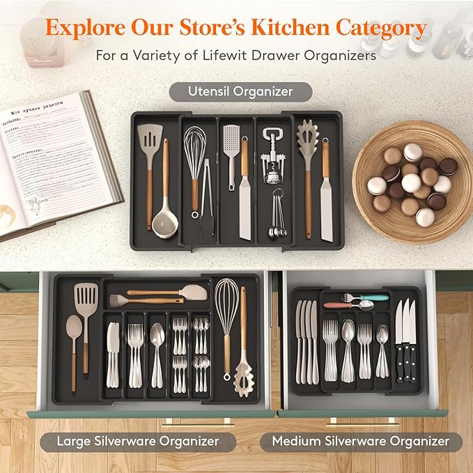 Lifewit Small Silverware Drawer Organizer, Expandable BPA Free Utensil Tray for Kitchen, Adjustable Flatware and Cutlery Holder for Spoons Forks Knives, Plastic Kitchen Organizers and Storage, Black