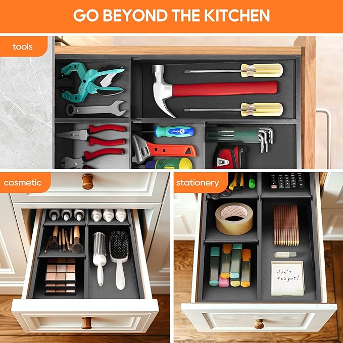 Bamboo Silverware Drawer Organizer, Removable Dividers Kitchen Utensil Drawer Organizer for Different Dimension Flatware, Spoons, Forks, Knives (Black, 5 Slots)