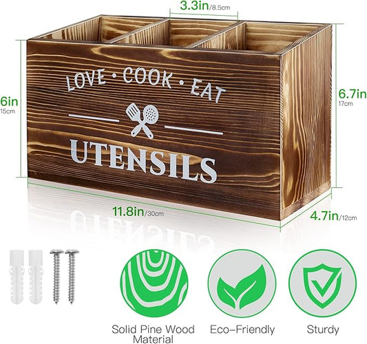 Brown Utensil Holder Rustic Utensil Caddy Crocks with 3 Compartments for Kitchen Counter, Farmhouse Wood Flatware Utensils Organizer Storage Box for Silverware Fork Spoon Spatula
