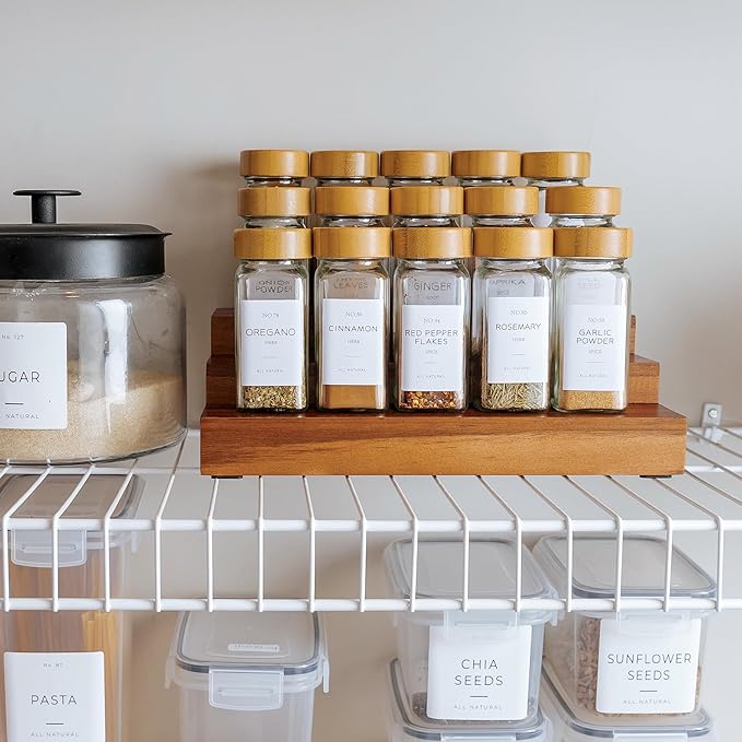 Expandable Spice Rack Organizer for Cabinet, 3-Tier Shelf for Spice Organization (11” to 22”), Fits 36 Spice Jars, Seasoning and Pantry Storage, Non-Slip Feet, 100% Acacia Wood