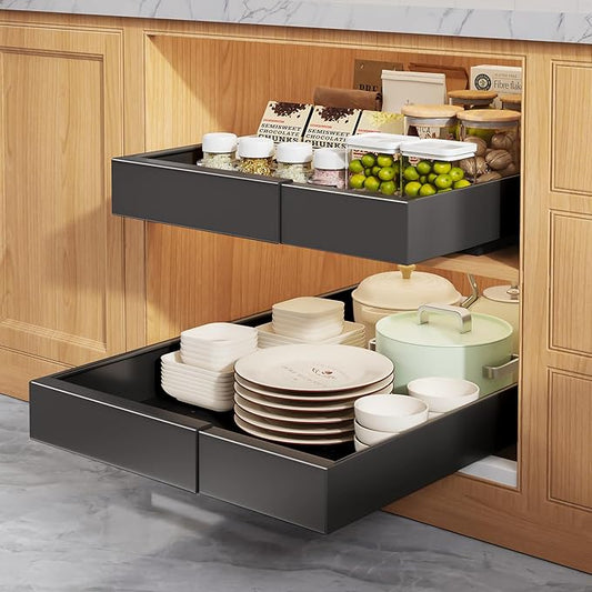 2 Pack Pull Out Cabinet Organizers 21" Deep With Raising Pad for Framed Cabinets,Expandable Slide Out Drawers Upgrade 3 Slide Rails,Roll Out Shelves Adhesive,Adjustable Width 9"-14" Black