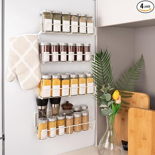 Strong Magnetic Spice Rack For Refrigerator with 20 Hooks, Space Saving Organizer, Durable Shelf for Oven - 4 Pack - Iron - Cloud Dancer