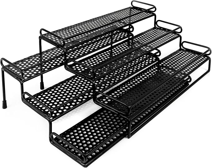 3 Tiered Spice Rack - Spice Racks for Inside Cabinets - Expandable Spice Rack Countertop Kitchen Pantry - Metal Tier Seasoning Organizer Step Storage with Protective Railing (Black)