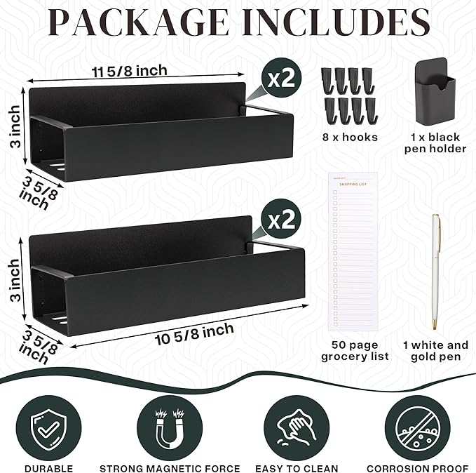 4-Pack Magnetic Spice Rack Set with Hooks, Grocery Notepad & Pen - Space-Saving Kitchen Organizer for Spices & Jars