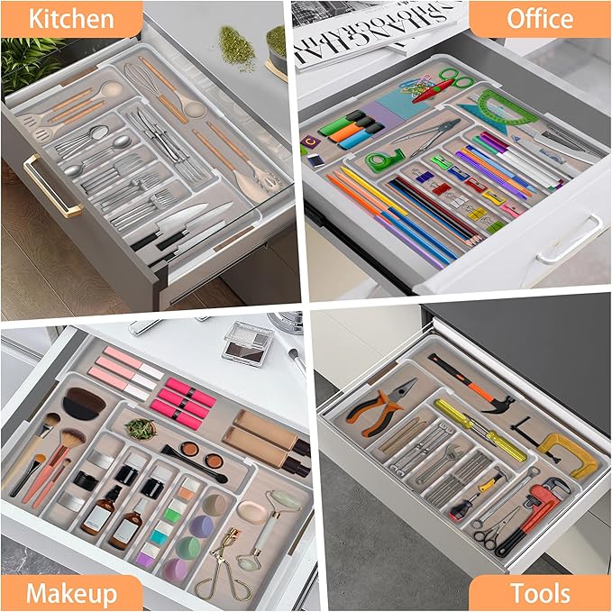 Large Silverware Drawer Organizer Expandable Kitchen Utensil Organizer BPA Free Flatware Cutlery Holder Tray Adjustable Plastic Drawer Divider Storage for Forks Knives 6-9 Slots White